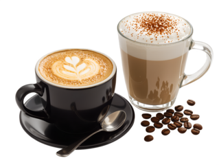 Captivating coffee moment featuring a beautifully crafted latte art and a creamy cappuccino with sprinkle of cocoa, inviting warmth and comfort in a cozy cafe setting Generative AI