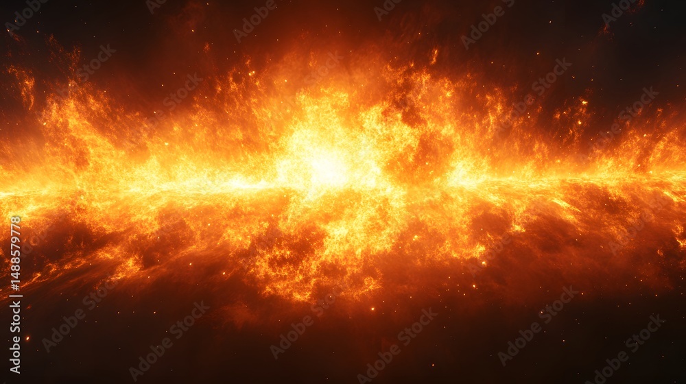 Poster vibrant nebula with intense orange and yellow hues, hinting at a central energy source in deep space