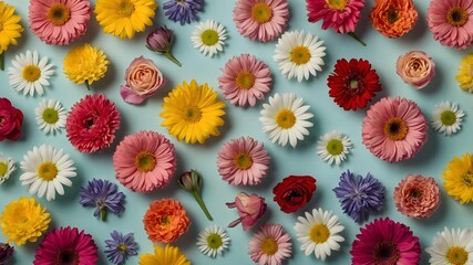 Top view of assorted spring flowers arranged on pastel blue background, vibrant seasonal composition in flat lay style