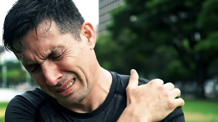 Man experiencing shoulder pain while exercising in a park with buildings in the background