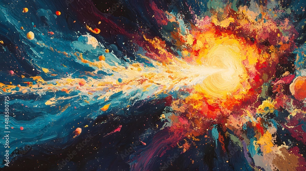 Poster Vibrant abstract painting capturing a cosmic supernova. Dynamic explosion of color and energy with fiery reds and cooling blues conveys universal birth or star's end. Astronomy and Galaxy backgrounds