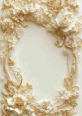 A luxurious 3D ornamental frame with refined golden carvings and blank card center. Ideal for premium wedding invitations, royal floral greeting cards, or upscale design templates.

