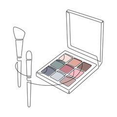 Hand drawn eyeshadow palette and makeup brushes vector. Cosmetics icon, one line continuous drawing. Beauty product linear silhouette, minimal print, banner, card, poster, brochure.
