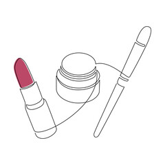 Hand drawn makeup set vector. Lipstick, brush, balm icon. One line continuous drawing. Beauty product linear silhouette. Cosmetics minimal print, banner, card, poster, brochure, logo, sign, symbol.