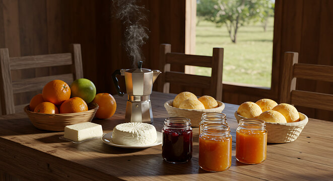 Breakfast scene in a rural Minas Gerais home: a wooden table with p&atilde;o de queijo, coffee, fruit, cheese, and homemade jams, captured with soft morning light