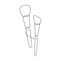 Hand drawn makeup brush set vector. One line continuous drawing. Beauty product linear silhouette icon. Cosmetics minimal print, banner, card, poster, brochure, logo, sign, symbol.