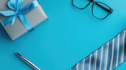 Father's Day Flat Lay Design, Bright Blue Background with Grey Gift Box and Blue Ribbon, Black Glasses Silver Pen, Navy and White Striped Tie, Modern Corporate Gift Set, Office Desk Decor