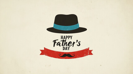 Father's Day Minimalist Graphic Design, Beige Background with Black Hat and Blue Band, Red Ribbon Banner with Mustache, Handwritten and Block Letter Text, Corporate Event Decoration