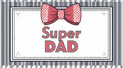 Father's Day Fun Graphic Design, White Background with Grey Black Striped Border, Red White Polka Dot Bow Tie and Super Dad Text, Modern Minimalist Style, Holiday Card Template, Social Media Graphic