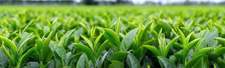 In the midst of an organic farm, a vibrant field of Green tea tree leaves and young buds thrives, showcasing the beauty of camellia sinensis in a lush, natural setting with copy space