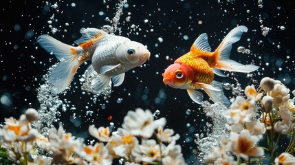 Two goldfish in water, surrounded by blossoms.