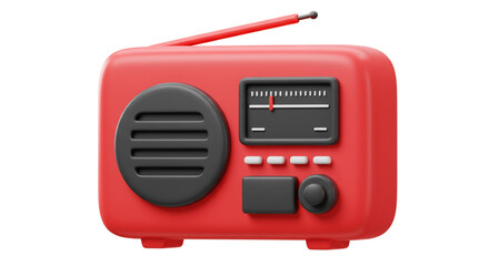 A red cartoon radio with a black speaker and antenna on a white background in a studio shot