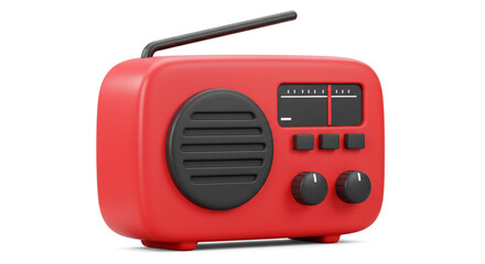 A red cartoon radio with black antenna speaker knobs and tuner isolated on a white background image