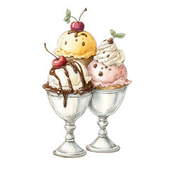 Watercolor drawing shows three ice cream sundaes with cherries on top.
