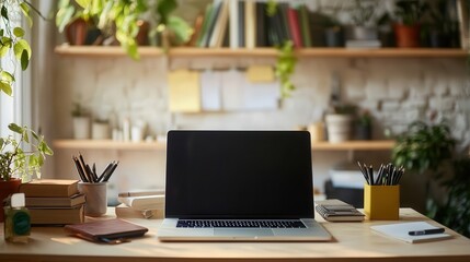 dedicated workspace, organized with a laptop, books, and stationery, offering a comfortable and professional setting for remote work