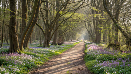 Beautiful forest path with flowers nature trail scenic route woodland landscape photography trees sunlight 100