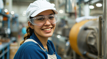 Fototapeta premium A young woman worker wearing safety glasses and a cap smiles in an industrial factory setting.
