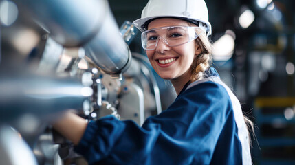 A smiling female engineer wearing safety gear works with industrial equipment in a factory setting.