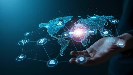 Digital world map with glowing network connections in a person's hand - Powered by Adobe