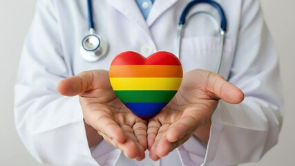 Doctor holding a rainbow heart in their hands as a symbol of lgbtq pride and support - Powered by Adobe