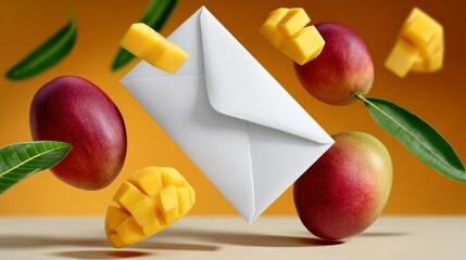 White envelope is floating in the air with a ripe mango on top of it. The envelope is surrounded by other fruits, including a few more mangoes and a banana. The scene gives off a lighthearted