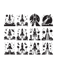 Rocket launching silhouette vector illustration isolated on a white background, Rocket icons set.