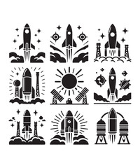 Rocket launching silhouette vector illustration isolated on a white background, Rocket icons set.