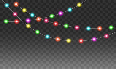 Colorful glowing string lights on transparent background. Festive garland for party, holiday, Christmas or New Year decoration.