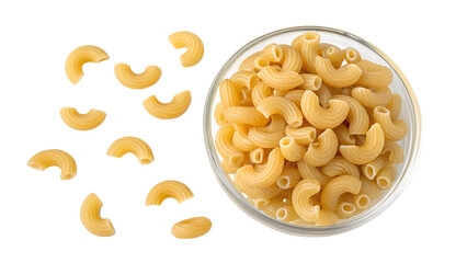 Curved macaroni pieces surround a glass bowl filled with uncooked pasta, showcasing the texture and shape in a bright setting for culinary inspiration Generative AI