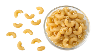 Curved macaroni pieces surround a glass bowl filled with uncooked pasta, showcasing the texture and shape in a bright setting for culinary inspiration Generative AI