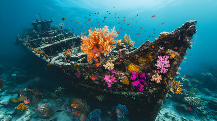 Colorful Coral Growth on a Sunken Ship Underwater in a Tropical Ocean