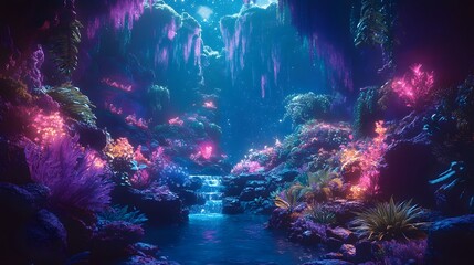 Enchanted grotto with glowing flora, vibrant blue waterfall, and starry sky. Dreamy, surreal scene. Lush vegetation radiates light. Astronomy and Galaxy backgrounds.