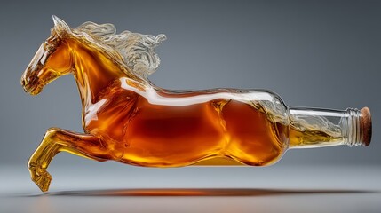 Bottle of liquor is depicted as a horse, with its head and neck in the bottle and its body and tail extending out of it. Concept of whimsy and playfulness