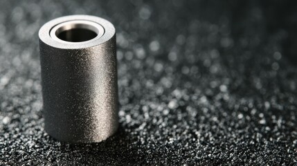 Shiny metallic cylinder resting on a sparkling black surface