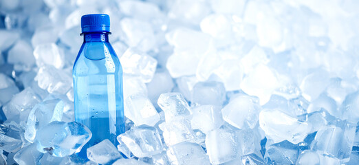 Plastic water bottle cooling on a bed of ice cubes