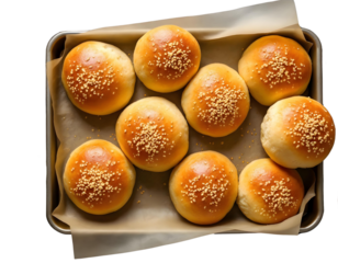 A baking tray containing eight golden-brown, round bread rolls topped with sesame seeds.