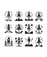 Rocket launching silhouette vector illustration isolated on a white background, Rocket icons set.