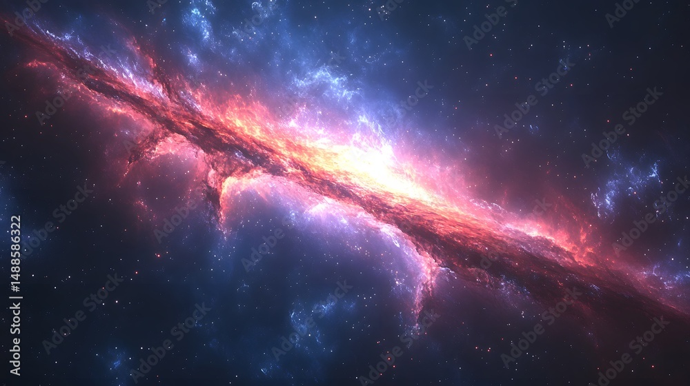 Poster a vibrant nebula explodes with color! red, orange, and purple hues dominate, with an intense light c