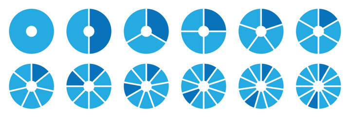 Circle pie chart diagram. 1,2,3,4,5,6,7,8,9,10,11,12 sections or steps. Progress sectors. Flat process cycle. Pie chart set. Circle section graph.  Circles arrow cut separated.  empty middle. 