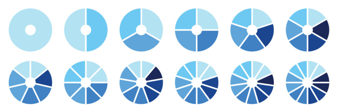 Pie chart set. Circle pie charts diagrams. Different color circles isolated. Circle section graph. Infographic element round shape. Pie chart divided equal parts. Colorful circle arrow charts. 