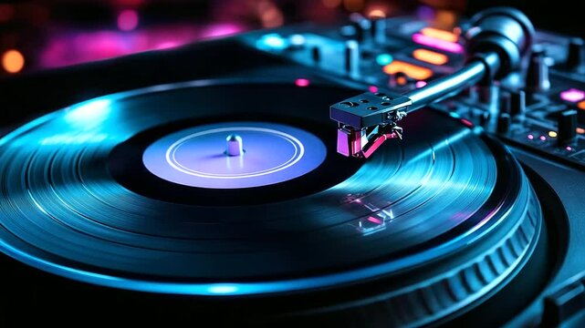 Close-up of a DJ&rsquo;s hand spinning a vinyl record on an analog turntable, illuminated by flashing neon lights at a packed hip hop party. Scratching sounds blend into the bass-heavy b