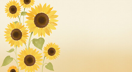 Watercolor Sunflower Floral Border Illustration with Copy Space on Beige Background