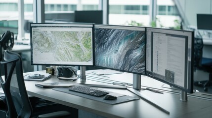 Cartographer analyzing maps and satellite images on multiple monitors in modern office