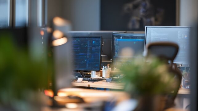 Modern office showing multiple computer screens displaying code in empty room