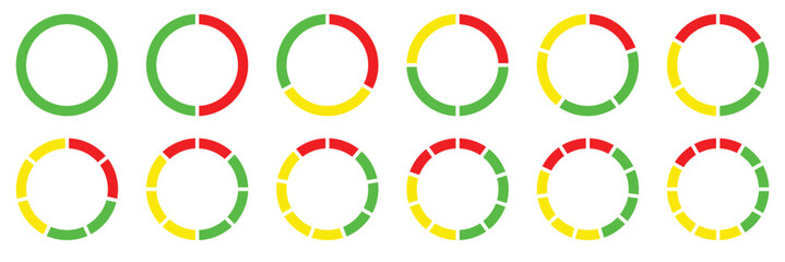 Circle section graph. Pie charts diagrams. Set of different color circles isolated. Infographic element round shape. Pie chart divided 3, 4, 5, 6, 7, 8, 9, 10, 11, 12 equal parts.  Used for analyzing.