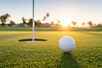 Obraz premium Golf ball by the hole on the green, sunset over the golf course.