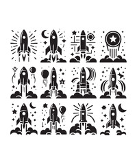 Rocket launching silhouette vector illustration isolated on a white background, Rocket icons set.