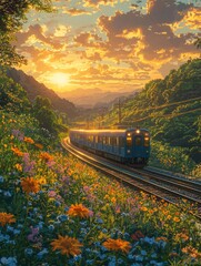 Fototapeta premium Train Journey Through Flower Field at Sunset Scenic Countryside View