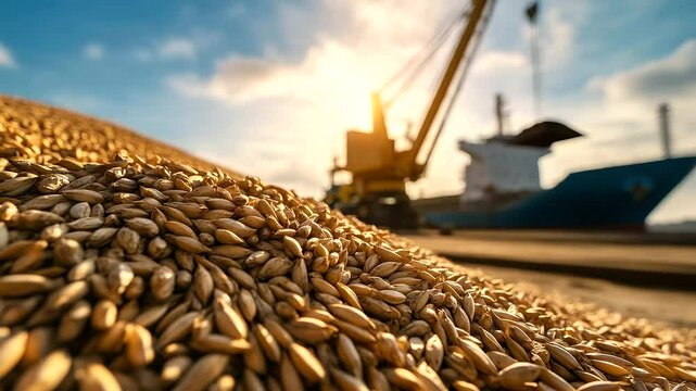 Close-up of golden wheat grains piled high on a port dock, cargo ship in the background, with cranes loading the shipment. Grain export for global trade, agricultural economy