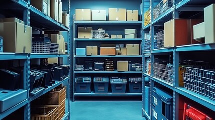 Fototapeta premium Storage Room with Shelves Full of Boxes and Crates
